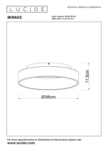 Lucide MIRAGE - Plafonnier Intérieur/Extérieur - Ø 38 cm - LED Dim. - 1x22W 2700K - Noir - TECHNISCH